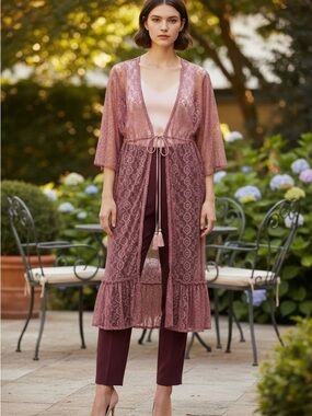 Indigo Thread Co. Mauve Pink Sheer Floral Lace Duster Kimono Cardigan Tie Front